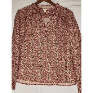 Hinge Navy and rust with orange and yellow floral print long sleeved blouse. Ruf